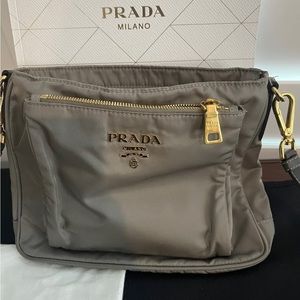 Prada Nylon Crossbody Bag with Leather Strap and Gold Hardware RARE GRAY
